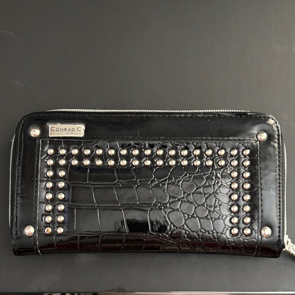 Conrad C Black Studded Crocodile Pattern Wallet